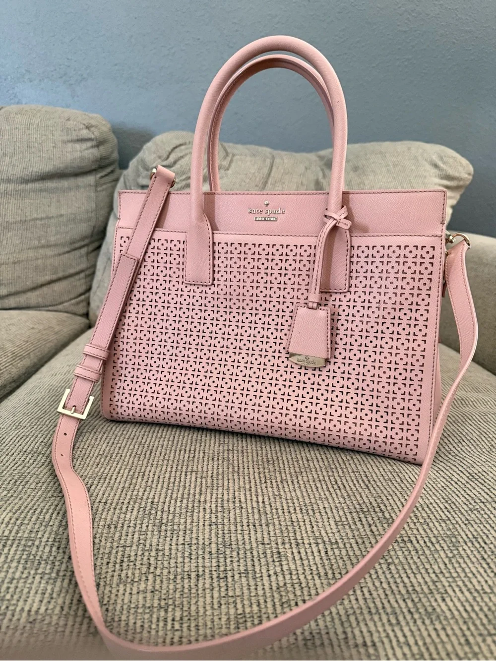 kate spade Blush Pink Perforated Leather Satchel with Crossbody Strap
